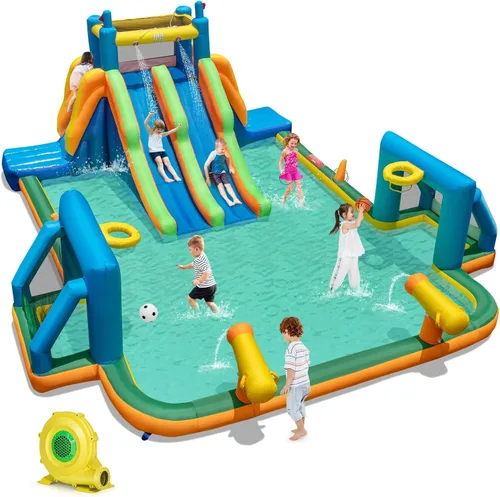 Miniatura 15 de BOUNTECH Tobogán acuático inflable, toboganes de surf duales para niños, parque de toboganes de agua, castillo inflable con 2 anillos de natación