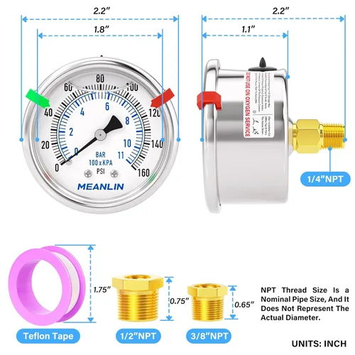 Miniatura 107 de MEANLIN MEASURE Medidor de presión de acero inoxidable relleno de líquido de 0 ~ 300 psi, esfera de cara NPT de 2 pulgadas para compresor de aire