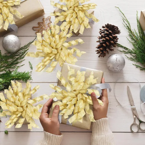 Miniatura 3 de Xinnun 24 lazos para envoltura de regalos, lazo rizado de Navidad de 6 pulgadas, lazos de regalo autoadhesivos con purpurina para manualidades