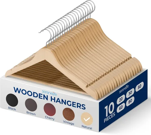 Miniatura 26 de SereneLife Paquete de 30 perchas de madera resistente – Juego de perchas de madera maciza con gancho giratorio de 360°, barra para pantalones