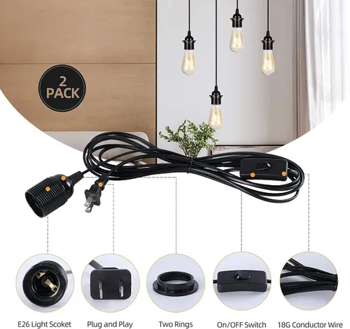 Miniatura 2 de Paquete de 2 lámparas colgantes HUIBONA enchufables, cable de linterna colgante vintage de 15 pies, enchufe E26/E27, kit negro con interruptor