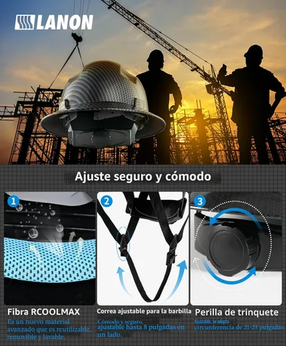 Miniatura 5 de LANON Casco duro de ala completa, aprobado por OSHA para trabajos de construcción, diseño gris carbón de alta calidad, casco de seguridad FRP