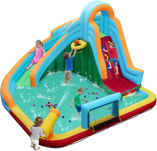 Miniatura 11 de HONEY JOY - Tobogán acuático inflable, parque acuático inflable 6 en 1 con muro para escalar y 2 toboganes largos, piscina, castillo inflable