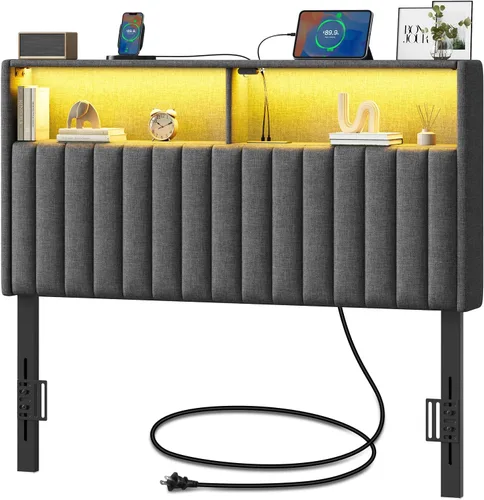 Rolanstar Cabecero para cama de tamaño individual con almacenamiento, tablero principal con puerto USB y tipo C, 60,000 colores de luz LED, tapizado