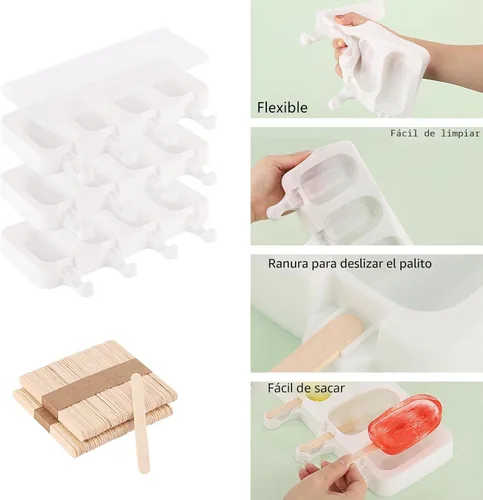 Miniatura 6 de Juego de 3 moldes para paletas con tapas y 100 palitos de paletas de madera, tamaño estándar, 4 cavidades, moldes de silicona para hacer cakesicles