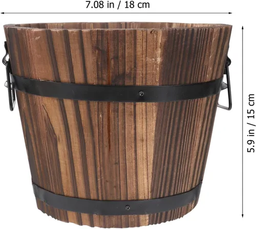 Miniatura 2 de Maceta de barril de madera, maceta rústica para uso en interiores y exteriores con agujeros de drenaje, maceta marrón de 7 pulgadas para plantas