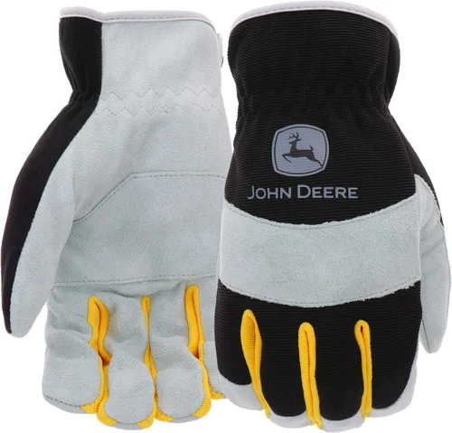 John Deere Split Cowhide Palm Gloves – Yellow/Grey/Black, Large Spandex Back Gloves with Shirred Elastic Wrists