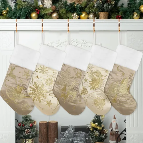 Miniatura 7 de GEX Medias de Navidad Paquete de 6 para Familia 20" Grandes Lentejuelas Doradas de Seda con Suave Piel Sintética Bordada Decoraciones Clásicas