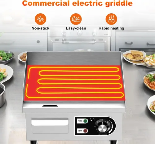 Miniatura 7 de Plancha eléctrica comercial de 14 pulgadas, plancha eléctrica de hierro fundido con material de acero inoxidable y antiadherente, plancha comercial