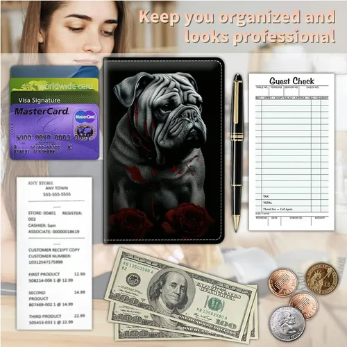 Miniatura 5 de Libros para camarera con bolsillo con cremallera, almohadillas de cuero Bulldogs (5 x 8 pulgadas), organizador de meseros, presentadores de cheques