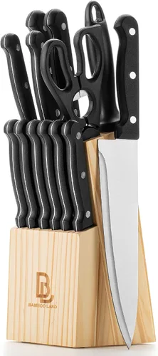 Miniatura 10 de Juego de cuchillos de cocina, 9 piezas, juego de cuchillos de acero inoxidable con bloque y afilador, cuchillos de cocina con bloque de madera