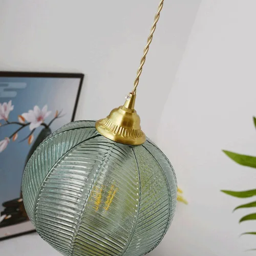 Miniatura 6 de Luces colgantes de cristal de cúpula vintage, lámpara colgante moderna de globo verde de mediados de siglo, cable ajustable de latón cepillado
