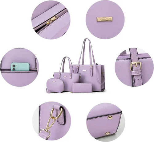 Miniatura 15 de Juego de 4 bolsas modernos para mujer de cuero sintético: bolso tote, bolso de hombro, bolso de mano y cartera.