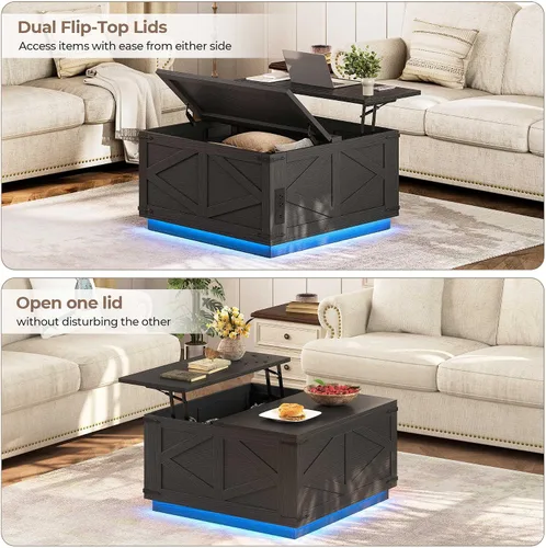 Miniatura 5 de Jocoevol Mesa auxiliar con tapa elevable, mesa central cuadrada de madera con iluminación LED, estación de carga USB-C y compartimento