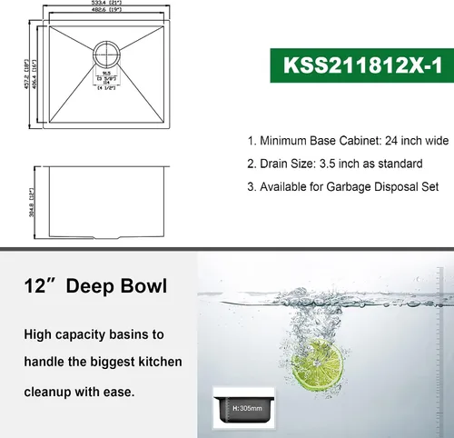Miniatura 6 de Kichae 21 Fregadero de Lavandería Empotrado - Fregadero Utilitario de 21x18 Pulgadas Empotrado de Acero Inoxidable de 12" de Profundidad, Fregadero