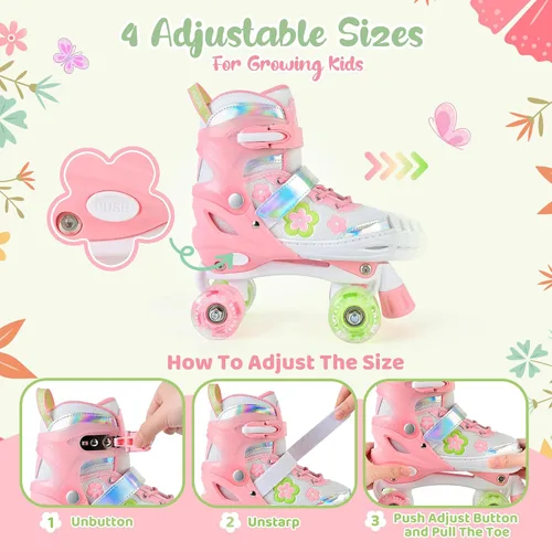Miniatura 4 de SULIFEEL Patines ajustables de ruedas para niñas de 5-8 6-12 años con lunares y lazo, ruedas iluminadas, 4 tamaños ajustables para patinaje
