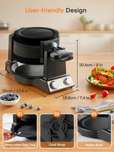 Miniatura 9 de FOHERE Máquina de tortilla y wafflera 2 en 1, máquina para hacer gofres de tortilla de 1400 W, giro de 180°, control de tostado ajustable, sartenes