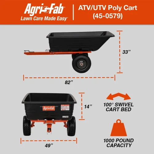 Miniatura 2 de Agri-Fab 45-0579 Carrito Volquete de Polietileno de 1,000 lb para Remolcar, 17 PIES CÚBICOS; Carrito/Remolque de Césped y Jardín para Cortadoras