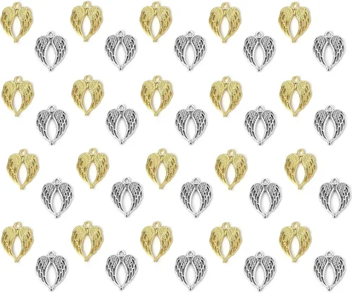 JGFinds Dije de alas de ángel, paquete de 100 (50 plateadas, 50 en tono dorado) suministros para hacer joyas, pequeñas alas de metal de 7/8 pulgadas