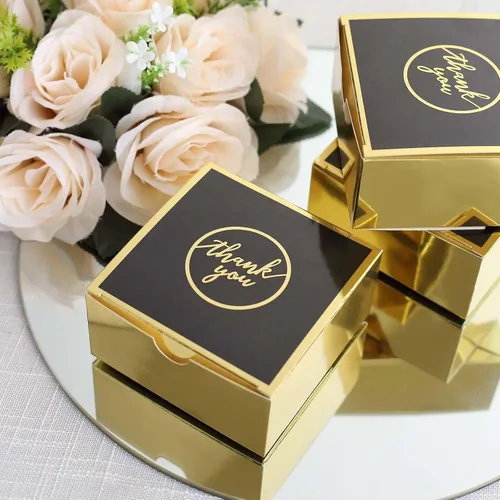 Efavormart - Paquete de 25 cajas de regalo impresas en oro negro con texto en inglés "Thank You", 4 x 4 x 2 pulgadas, cajas de regalo de cartulina