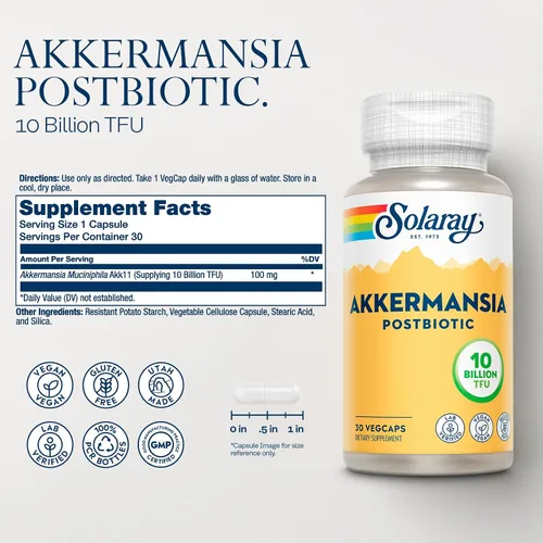 Miniatura 2 de SOLARAY Akkermansia Postbiotic, Akk11, 10 mil millones de TFU, cepa beneficiosa para apoyo a la salud intestinal, vegano, sin gluten, garantía de 60