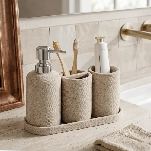 Miniatura 2 de Juego de accesorios de baño, organizador de baño para encimera, dispensador de jabón y soporte para cepillo de dientes, taza de enjuague bucal