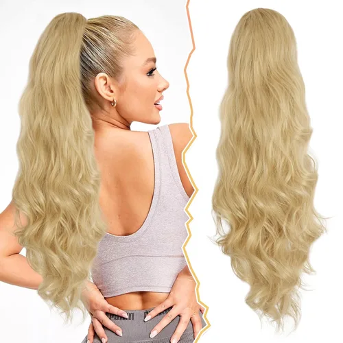 Miniatura 7 de BARSDAR Extensión de cola de caballo rojo burdeos, extensiones de cabello ondulado con cordón de 16 pulgadas para mujer, extensiones de cabello