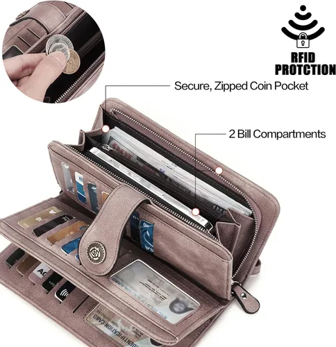 Miniatura 5 de BROMEN Billeteras de cuero para mujer, cartera grande de mano para teléfono, 2-Púrpura, Casual