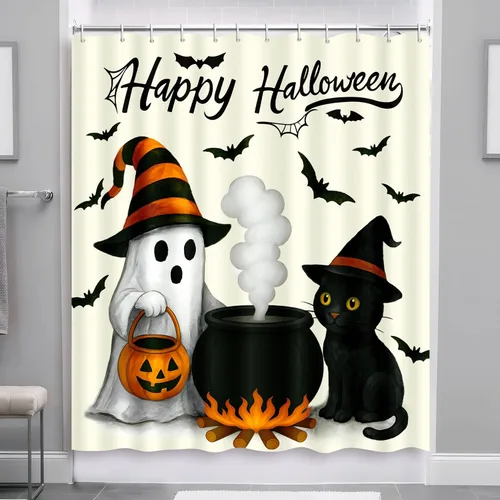 Miniatura 5 de Tieshankao Decoración de baño de Halloween, cortina de ducha de calabaza fantasma, gato, decoración espeluznante con 12 ganchos de 72 x 72 pulgadas