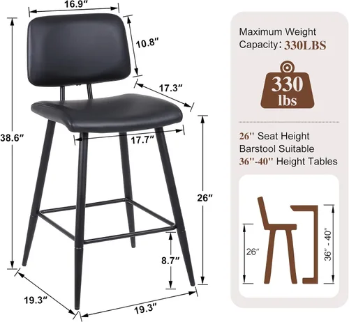 Miniatura 2 de Juego de 3 taburetes de bar de altura de mostrador, sillas de isla de cocina modernas de piel sintética de 26 pulgadas con respaldo y patas