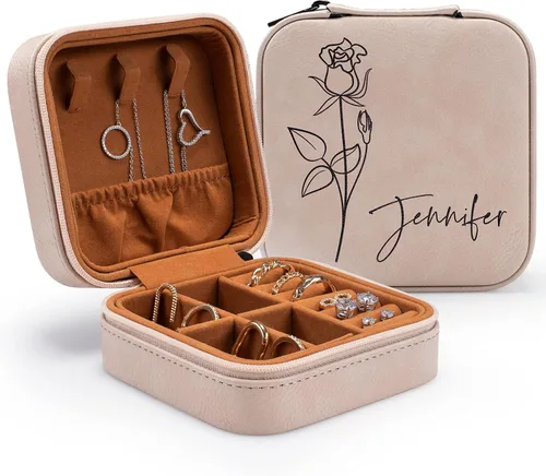Miniatura 12 de Joyero de cuero personalizado con nombre y mes de la flor de nacimiento, regalos de cumpleaños para mujeres, estuche de viaje de joyería Negro