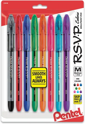 Pentel® R.S.V.P.® - Bolígrafos de punta media, 0.039 in, barril transparente, colores de tinta surtidos, paquete de 8 Varios colores