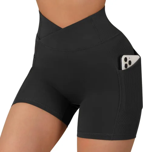 Miniatura 2 de OMKAGI - Pantalones cortos de entrenamiento de cintura cruzada para mujer con bolsillo, de 5 pulgadas de entrepierna, pantalones cortos de cintura