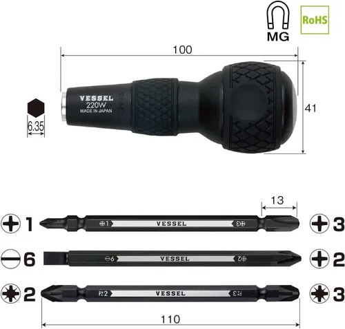 Miniatura 2 de VESSEL BALL GRIP Destornillador intercambiable con puntas hexagonales de 1/4" (Puntas 3 piezas (+1, +3 / +2, -6 / PZ2, PZ3) JUEGO. 220W3J1)