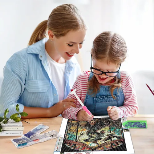 Miniatura 4 de SENQAO Pinturas de diamantes de bruja 5D para adultos, pinturas de puntos de diamante de perforación completa de vidrieras, pintura redonda de gato