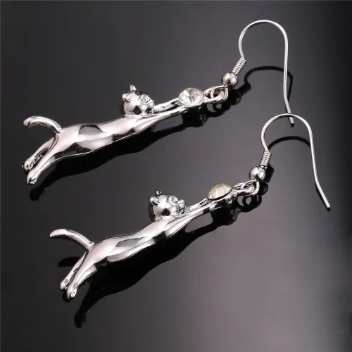 Miniatura 3 de Aretes U7 bañados en platino, con dije de gato y diamantes de imitación