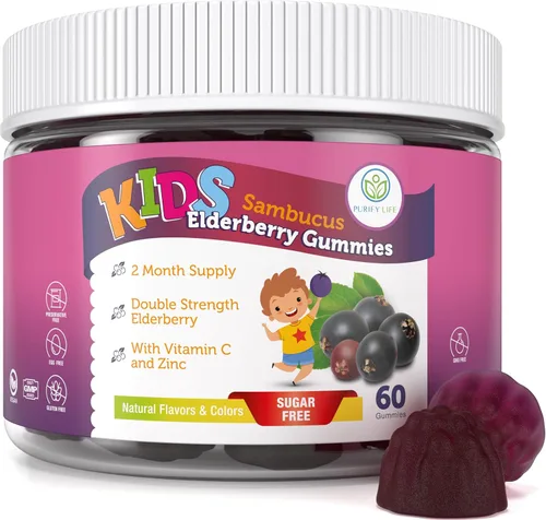 Gomitas de saúco sin azúcar para niños con vitamina C y zinc, suplemento diario de apoyo inmunológico para niños, antioxidante Sambucus, vegano, 60