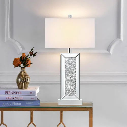Miniatura 6 de Juego de 2 lámparas de mesa modernas con control táctil, lámpara de noche de espejo plateado con gran cristal de diamante, con puertos USB C+A