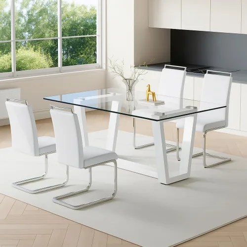 Miniatura 14 de Ebullient - Juego de mesa de comedor de cristal para 4, juego de mesa de comedor moderno para 4, tablero de vidrio templado con patas trapezoidales