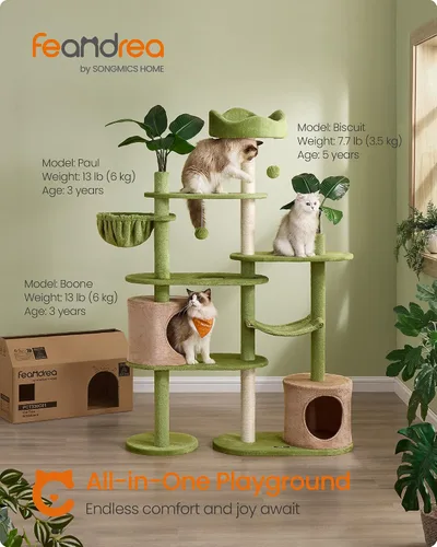 Miniatura 2 de Feandrea Árbol para gatos, torre para gatos de 68.1 pulgadas de alto, condominio de felpa de varios niveles con hojas artificiales, 3 postes