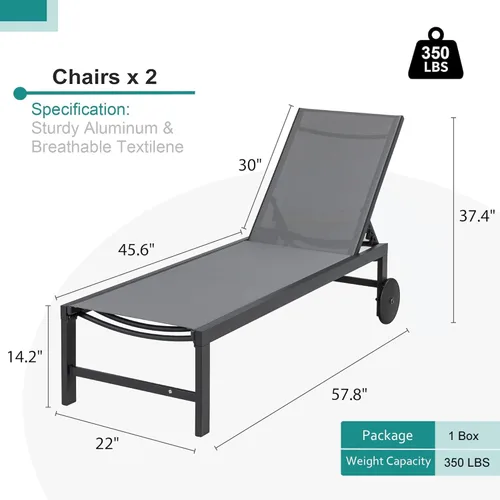 Miniatura 3 de SUNLEI Juego de 2 tumbonas para patio al aire libre, sillas de piscina ajustables con ruedas, sillas de bronceado reclinables de aluminio para Gris
