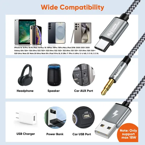 Miniatura 7 de CableCreation USB C a 3.5mm Cable de Audio con Cable de Carga USB, Cable Auxiliar para Coche, Tipo C a Jack Auxiliar para Auriculares, Estéreo
