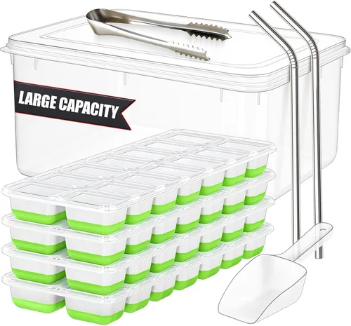 Miniatura 10 de Bandeja grande de silicona para cubitos de hielo, paquete de 3 bandejas para 8 cubos cuadrados con cubo grande, cuchara, pinza y 2 pajitas SS, molde