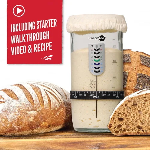 Miniatura 8 de KNEADACE Tarro de Iniciador de Masa Madre con Banda de Alimentación Marcada con Fecha, Termómetro, Raspador de Tarro de Masa Madre, Cubierta de Tela