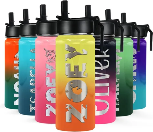 Miniatura 23 de Botella de agua personalizada para niños con tapa de popote en azul aguamarina degradado para la escuela, nombre personalizado para niños, 18 onzas