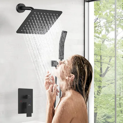 Miniatura 2 de Juego de grifos de ducha con sistema de ducha, color negro mate, cabezal de ducha de lluvia montado en la pared de 8 pulgadas con válvula de ducha