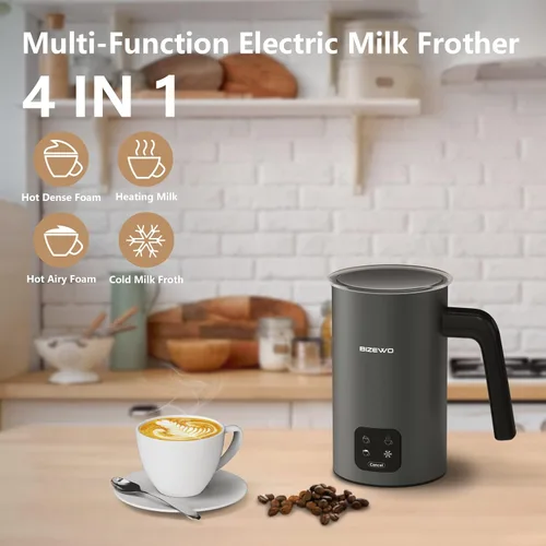 Miniatura 2 de BIZEWO Espumador de leche eléctrico, vaporizador de leche caliente y fría, calentador de leche automático 4 en 1 de acero inoxidable con pantalla