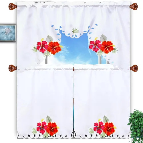 Miniatura 11 de Juego de cortinas bordadas de bastón de caramelo para ventana de cocina con cenefa y niveles para las fiestas navideñas (Bastón de caramelo)