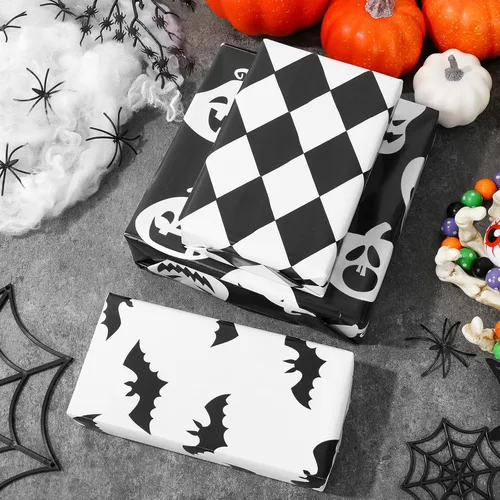 Miniatura 5 de AnyDesign 12 hojas de papel de regalo de Halloween, papel de embalaje de telaraña de fantasma, calabaza y fantasma, papel de embalaje plegado plano