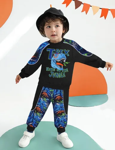 Miniatura 2 de KANGKANG Conjunto de sudadera de manga larga con estampado de letras para niños pequeños, conjunto de pantalones con estampado de dinosaurio